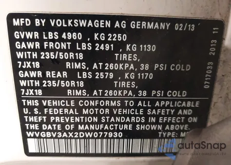 2013 Volkswagen Tiguan Se from USA, damaged, VIN WVGBV3AX2DW077930